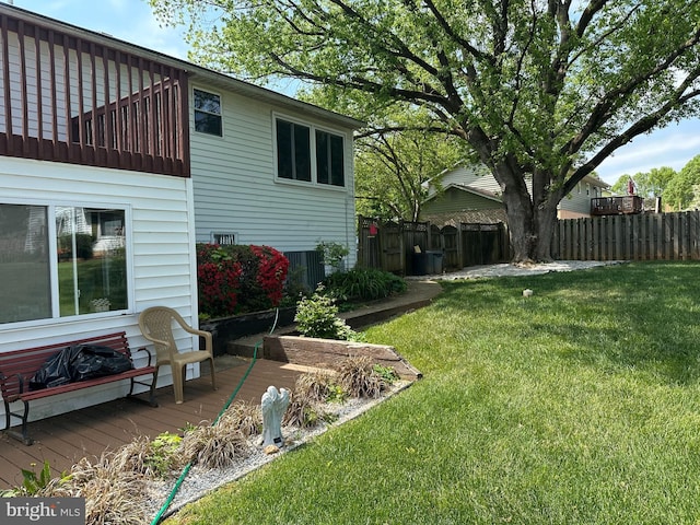 view of yard featuring a deck and fence