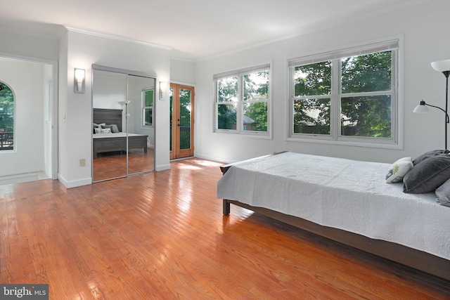 bedroom featuring baseboards, multiple windows, ornamental molding, and wood finished floors