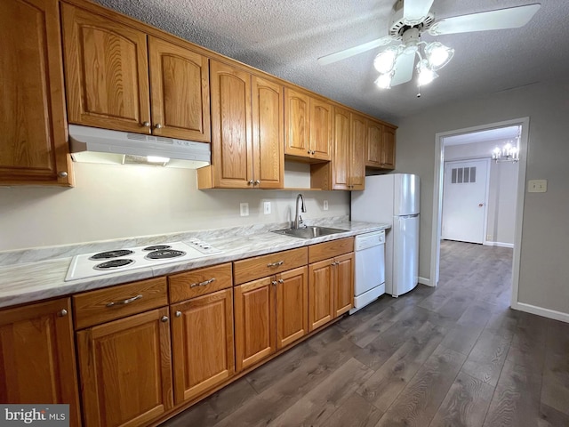 200 N Pickett St Unit 1412, Alexandria, VA 22304 - kitchen with ceiling fan, a sink, under cabinet range hood, white appliances, and dark wood-type flooring