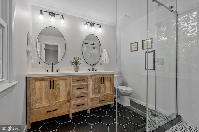 bathroom featuring a stall shower, tile patterned flooring, toilet, and double vanity
