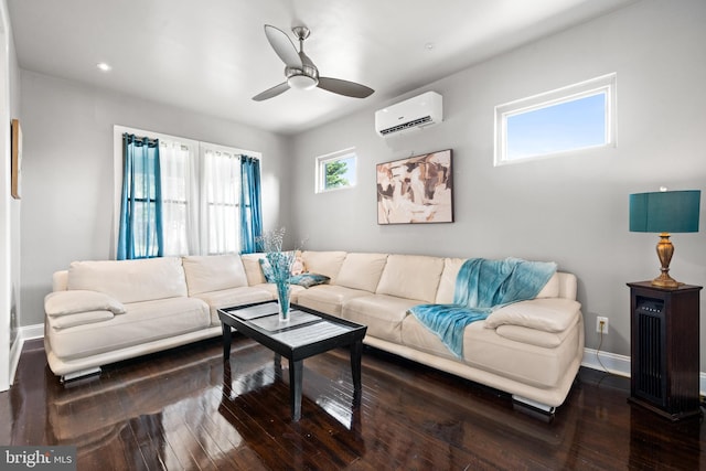 3700 13th St NW, Washington, DC 20010 - living room with a wall mounted AC, a ceiling fan, wood-type flooring, and recessed lighting