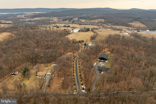 bird's eye view featuring a mountain view and a rural view
