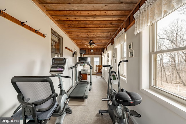 workout room with wooden ceiling and a ceiling fan