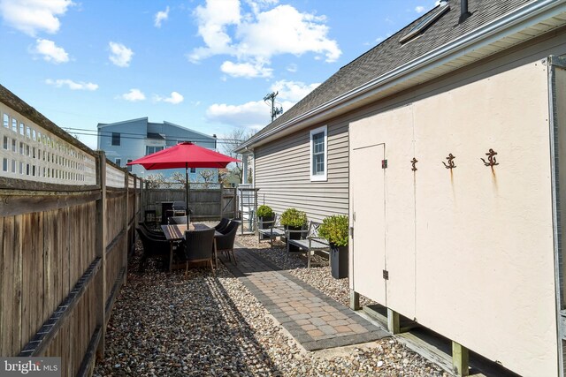 view of patio / terrace featuring a fenced backyard and outdoor dining area