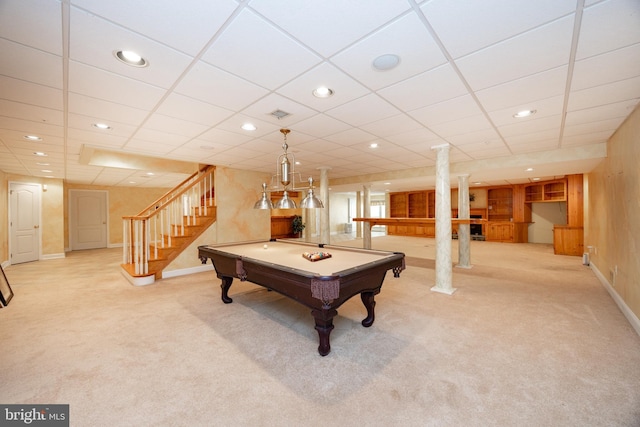 game room with light colored carpet, pool table, baseboards, and recessed lighting