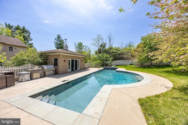 view of swimming pool with a patio area, area for grilling, a fenced in pool, and a fenced backyard