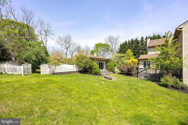 view of yard featuring a wooden deck and fence