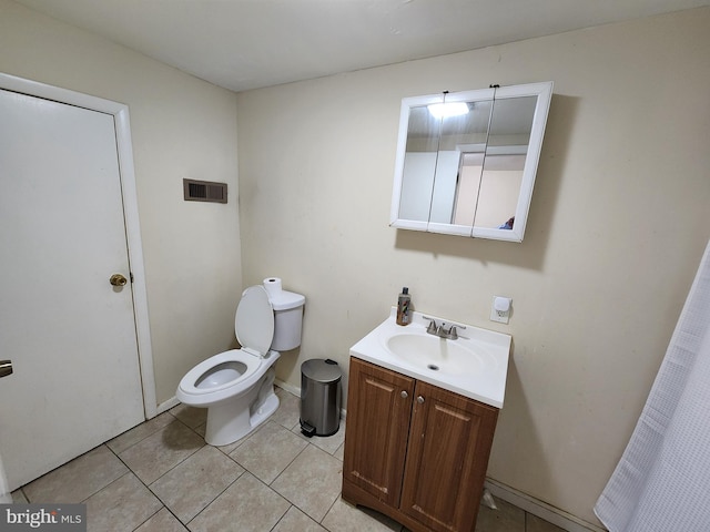 bathroom with toilet, visible vents, tile patterned flooring, and vanity