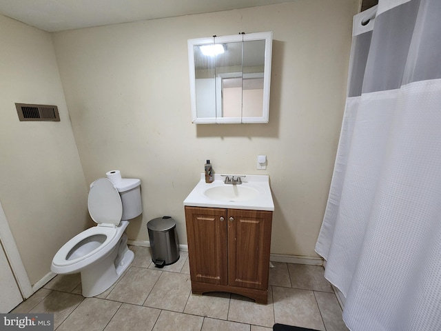 bathroom with visible vents, tile patterned flooring, vanity, toilet, and a shower with curtain