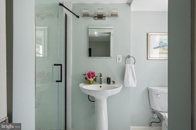 bathroom with toilet, a shower stall, and a sink