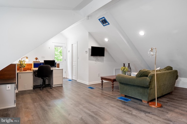 office space featuring baseboards, dark wood finished floors, recessed lighting, and vaulted ceiling
