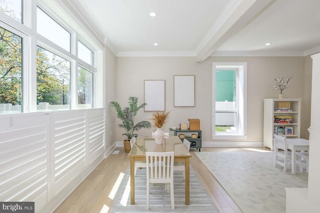 5116 Lawton Dr, Bethesda, MD 20816 - dining room with crown molding, light wood-style floors, baseboards, recessed lighting, and beamed ceiling