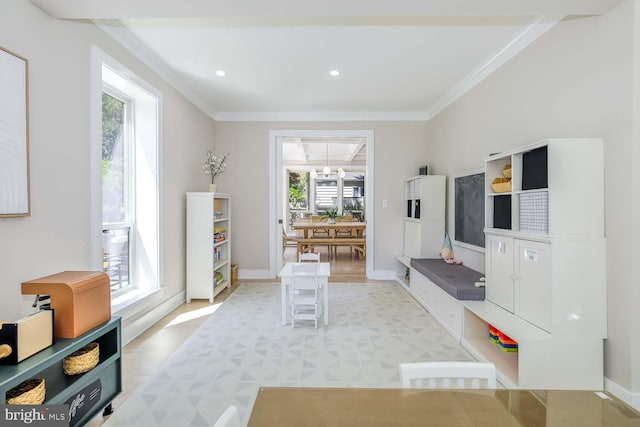 5116 Lawton Dr, Bethesda, MD 20816 - living area with ornamental molding, light flooring, baseboards, and recessed lighting