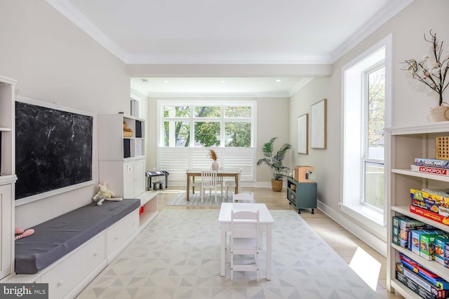 5116 Lawton Dr, Bethesda, MD 20816 - living area featuring ornamental molding, light wood finished floors, and recessed lighting