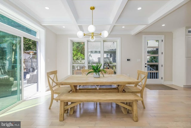 5116 Lawton Dr, Bethesda, MD 20816 - dining room with plenty of natural light, beam ceiling, light wood-type flooring, a chandelier, and coffered ceiling
