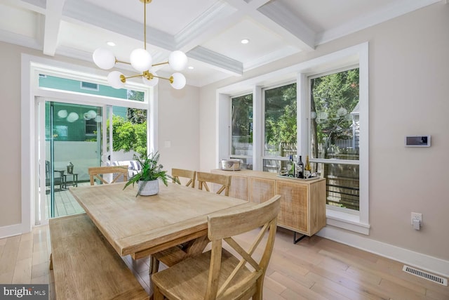 5116 Lawton Dr, Bethesda, MD 20816 - dining room with coffered ceiling, light wood-style flooring, healthy amount of natural light, beamed ceiling, and baseboards