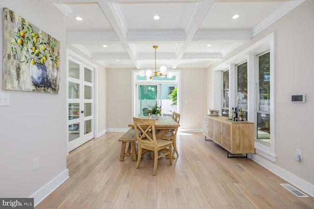 5116 Lawton Dr, Bethesda, MD 20816 - dining room with beamed ceiling, baseboards, a chandelier, light wood-style flooring, and coffered ceiling