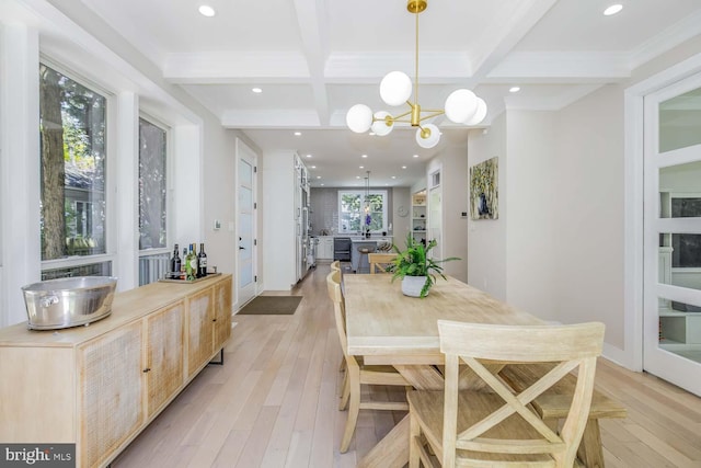 5116 Lawton Dr, Bethesda, MD 20816 - dining room featuring coffered ceiling, beamed ceiling, light wood-style floors, a chandelier, and recessed lighting
