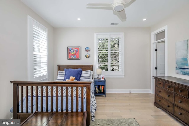 5116 Lawton Dr, Bethesda, MD 20816 - bedroom featuring light wood-style floors, baseboards, recessed lighting, and a ceiling fan
