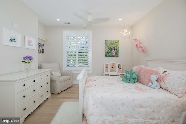 5116 Lawton Dr, Bethesda, MD 20816 - bedroom with light wood finished floors, recessed lighting, a chandelier, and ceiling fan