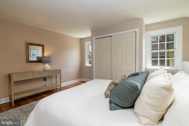 bedroom featuring baseboards, multiple windows, wood finished floors, and a closet