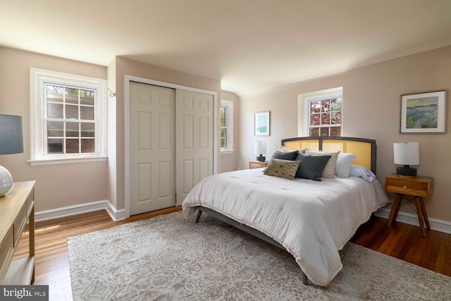 bedroom with baseboards, wood finished floors, and multiple windows