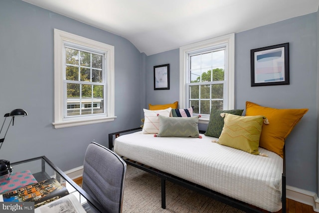 bedroom with baseboards, lofted ceiling, multiple windows, and wood finished floors