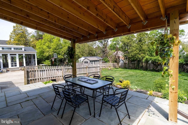 view of patio / terrace with a fenced backyard, outdoor dining space, and a sunroom