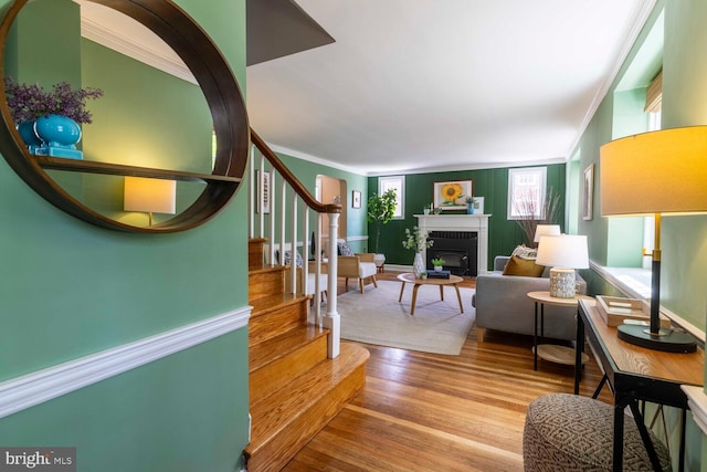 living room featuring stairway, ornamental molding, a fireplace, and wood finished floors