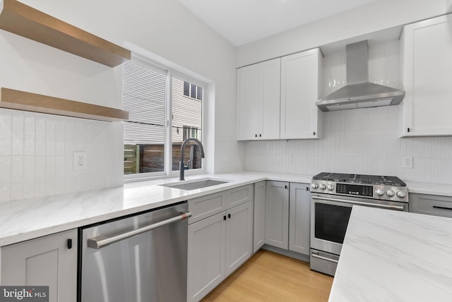 kitchen featuring open shelves, wall chimney exhaust hood, gray cabinets, a sink, and stainless steel appliances