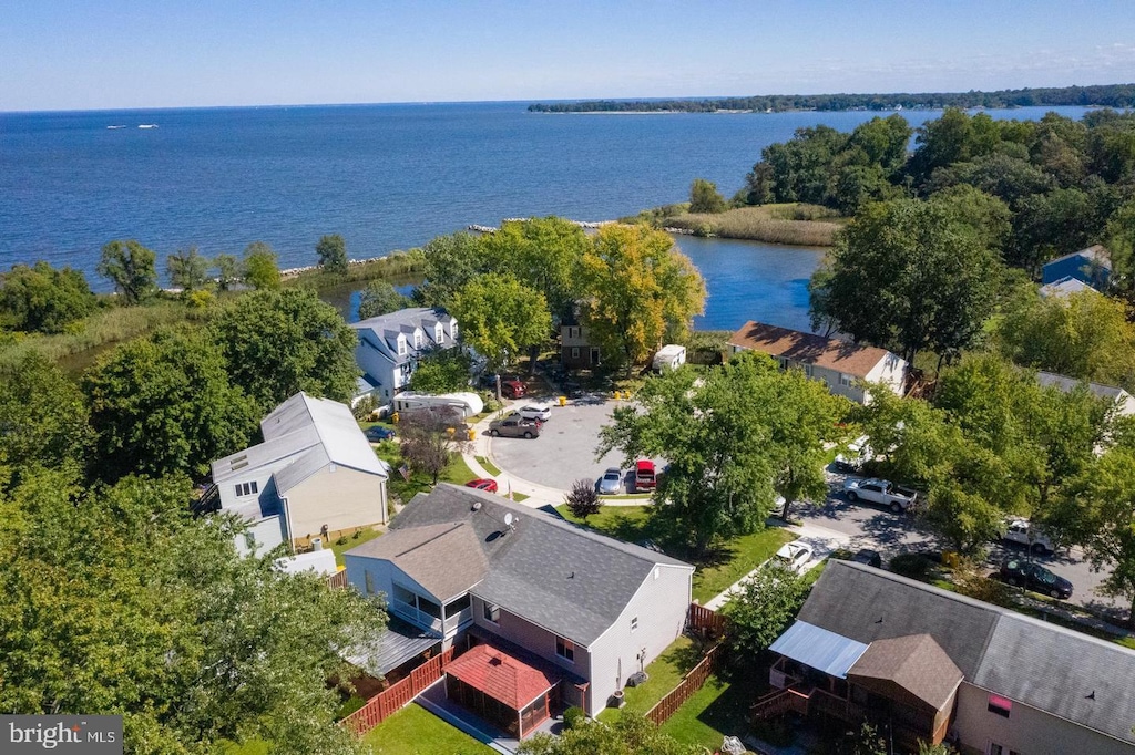 aerial view featuring a water view and a residential view