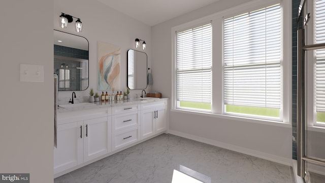 2555 Riva Rd, Annapolis, MD 21401 - bathroom with baseboards, marble finish flooring, double vanity, and a shower with shower door