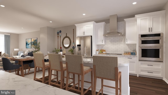 2555 Riva Rd, Annapolis, MD 21401 - kitchen featuring wall chimney range hood, stainless steel appliances, decorative backsplash, white cabinetry, and dark wood-style floors