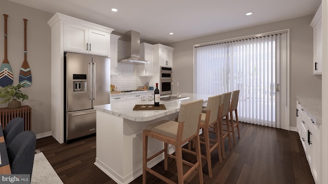 2555 Riva Rd, Annapolis, MD 21401 - kitchen with wall chimney range hood, appliances with stainless steel finishes, dark wood-style floors, white cabinets, and decorative backsplash