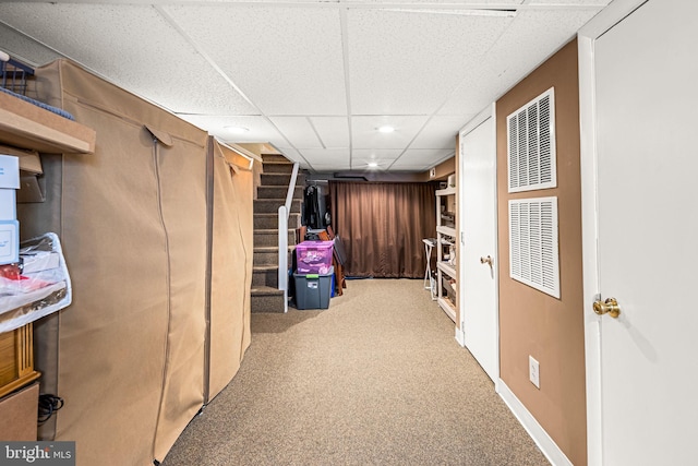 1223 Fitzgerald St, Philadelphia, PA 19148 - hallway with carpet flooring, stairway, a drop ceiling, recessed lighting, and baseboards