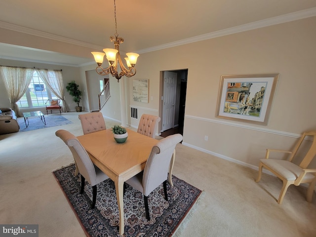 402 Waltham Dr, Middletown, DE 19709 - dining area with an inviting chandelier, ornamental molding, light carpet, baseboards, and stairway