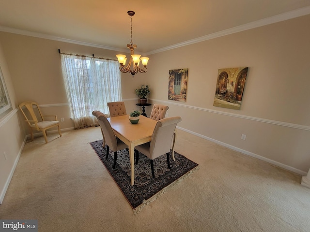 402 Waltham Dr, Middletown, DE 19709 - dining room featuring an inviting chandelier, ornamental molding, baseboards, and light carpet