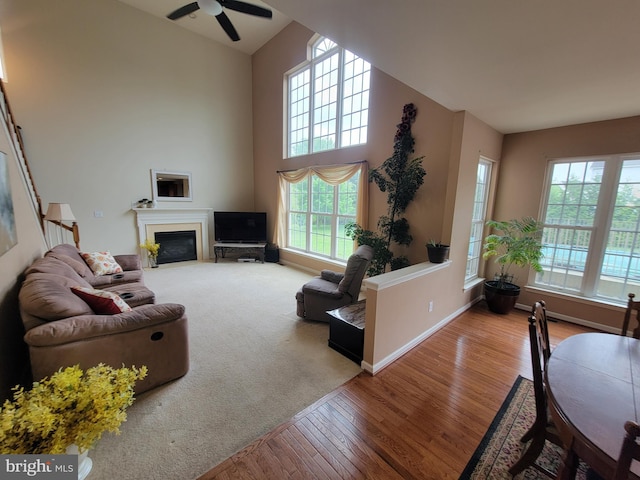 402 Waltham Dr, Middletown, DE 19709 - living area with ceiling fan, a high ceiling, a glass covered fireplace, baseboards, and wood finished floors