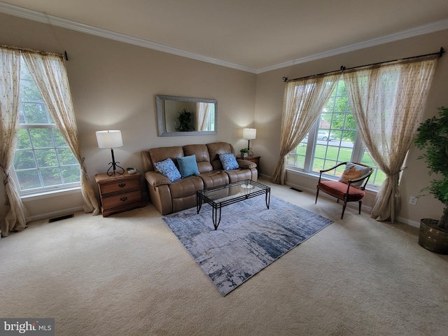402 Waltham Dr, Middletown, DE 19709 - living area featuring crown molding, visible vents, carpet flooring, and a healthy amount of sunlight