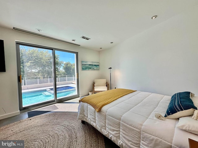 bedroom with access to outside, visible vents, and recessed lighting