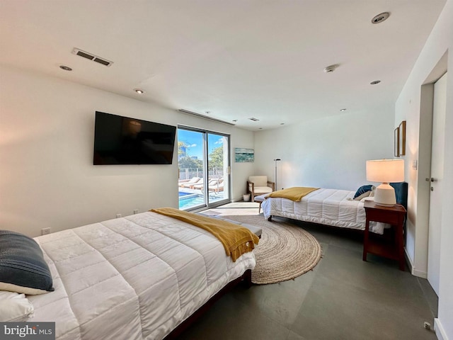 bedroom with access to outside, visible vents, recessed lighting, and finished concrete floors