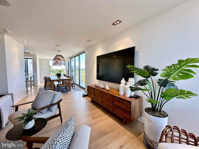 living area with light wood-style floors and expansive windows
