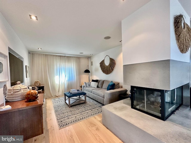 living room with a multi sided fireplace and light wood-type flooring