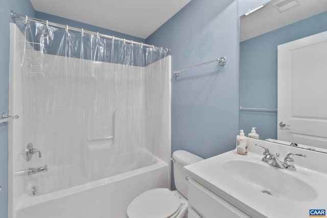 bathroom with vanity, shower / bath combo, toilet, and visible vents