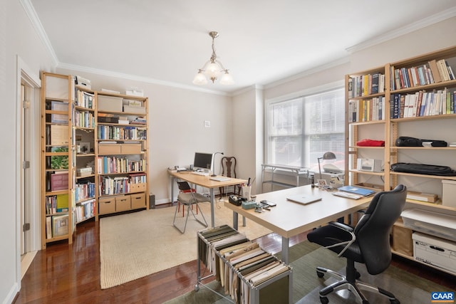 office with an inviting chandelier, ornamental molding, and dark wood-style flooring
