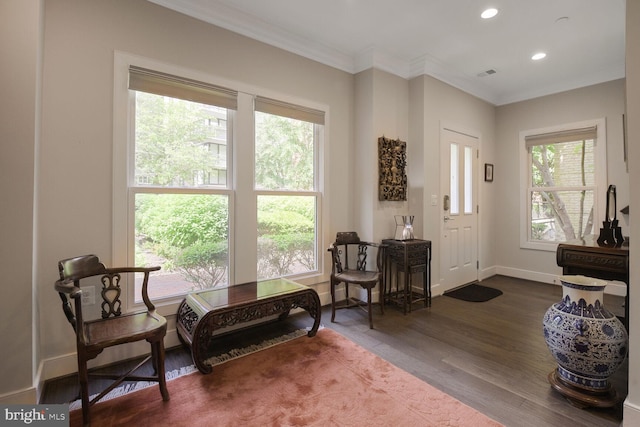 1516 16th Ct N, Arlington, VA 22209 - sitting room with plenty of natural light, ornamental molding, dark wood-style flooring, recessed lighting, and baseboards