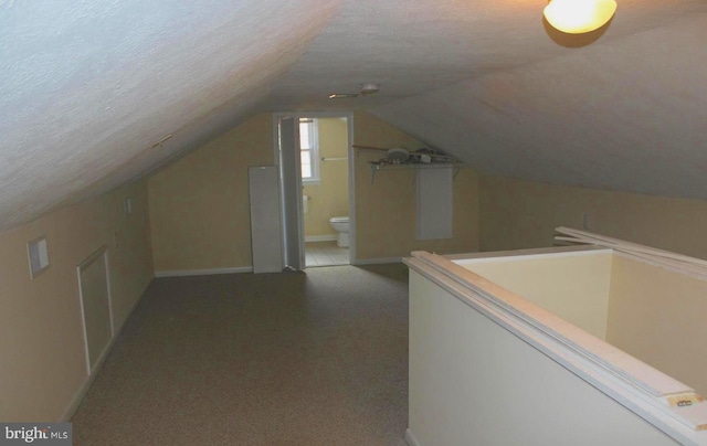 128 Fox Dr, Winchester, VA 22601 - bonus room featuring a textured ceiling, vaulted ceiling, carpet floors, and baseboards