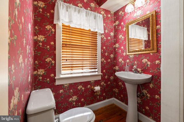 513 Princess Anne St, Fredericksburg, VA 22401 - half bath with a sink, baseboards, toilet, and wood finished floors