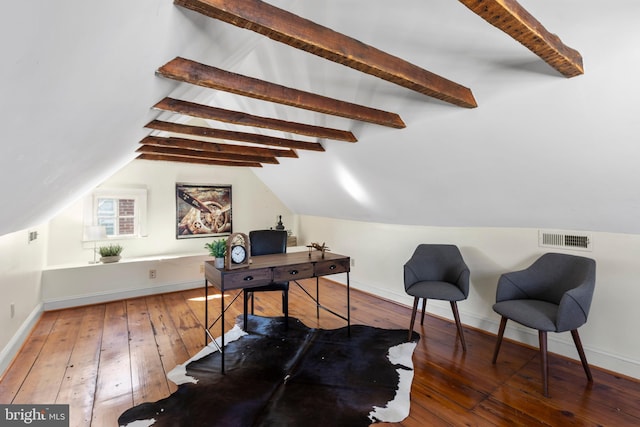 513 Princess Anne St, Fredericksburg, VA 22401 - office area with visible vents, lofted ceiling with beams, wood-type flooring, and baseboards