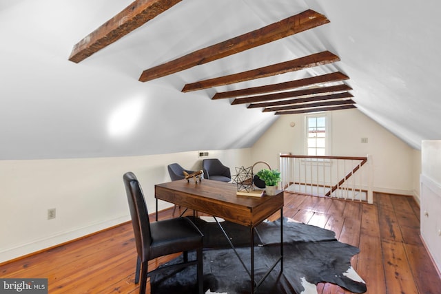 513 Princess Anne St, Fredericksburg, VA 22401 - home office with baseboards, vaulted ceiling with beams, hardwood / wood-style flooring, and visible vents